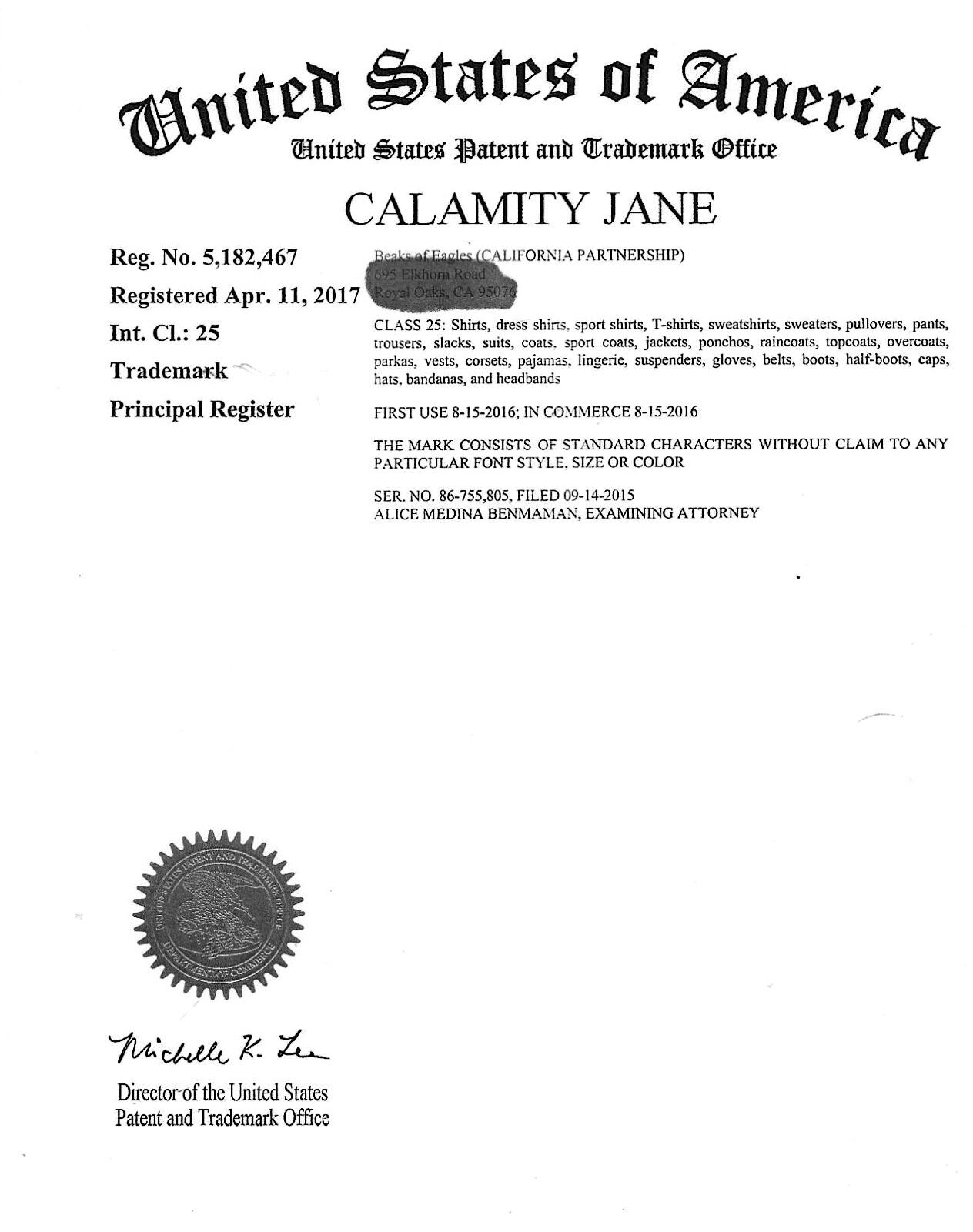 Calamity Jane - Trademark, Class 25 - Fashion